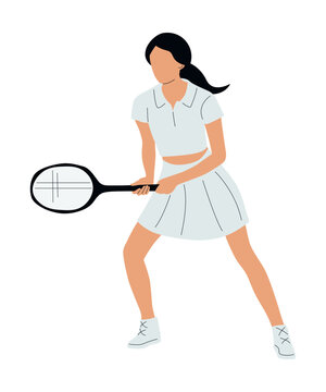 Woman tennis player. Sportswoman with racquet cartoon character isolated on white background. Young woman sportive character in uniform playing tennis. Workout playing tennis flat vector illustration