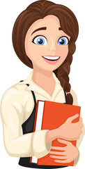Vector illustration of a cartoon woman smiling and holding a red book.