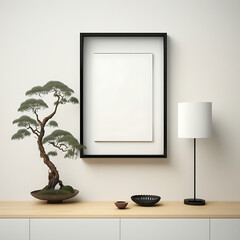 Blank frame mockup on a white wall. Japanese desk design.