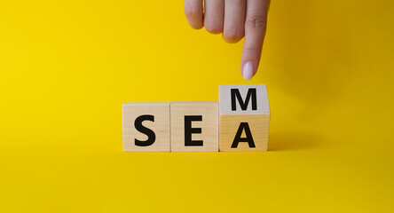 SEM vs SEA symbol. Businessman hand points at turned wooden cubes with words SEA and SEM. Beautiful yellow background. Business and SEM vs SEA concept. Copy space