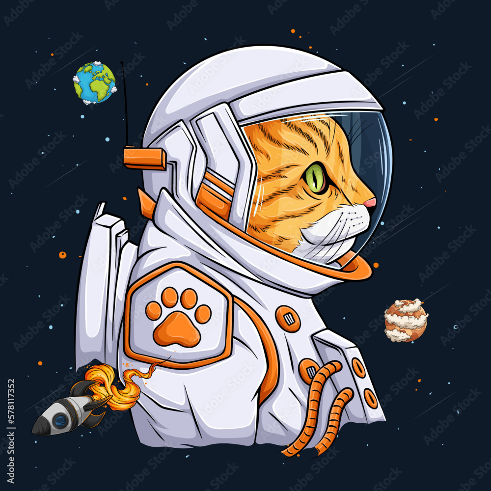 Wall mural hand drawn funny cat wearing astronaut spacesuit. spaceman or cosmonaut cat over rocket and planets.