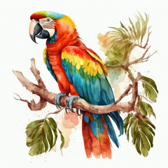 Watercolor drawing of a parrot Macaw on a branch . generative AI