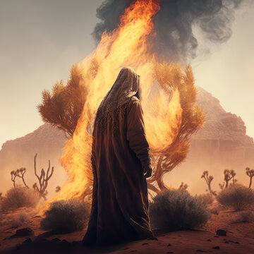 Moses and the Burning Thorn Bush.  generative AI