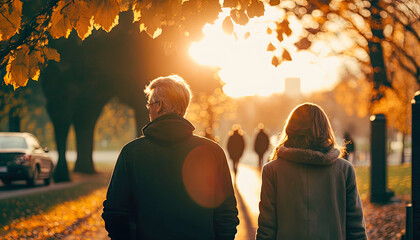 Romantic Couple Walking in an Autumn Park. Generative AI