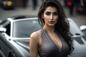 Plakat Incredibly rich and attractive brunette girl wearing plunging neckline dress, posing in front of a luxury sports car