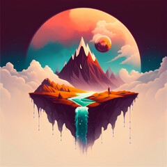 Floating Island with Waterfall and Volcano in Surreal Artwork