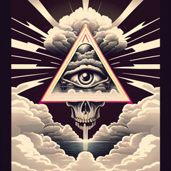 Illuminated Eye with Skull and Clouds in Triangular Frame