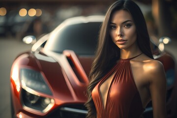 Plakat Incredibly rich and attractive girl in a red dress posing in front of a luxury sports car
