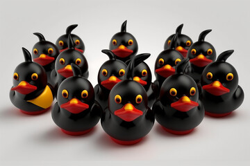 Black Rubber Duckies with Red Bills on White Background - Generative Art