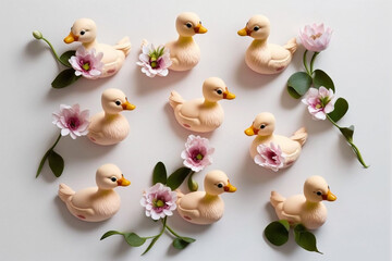 Pink Rubber Duckies and Flower Bouquet on Clean White Background - Easter Design - Generative Art