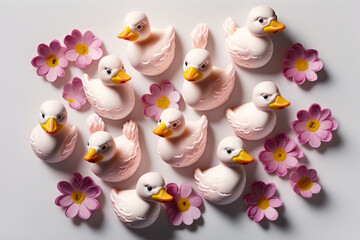 Pink Rubber Duckies and Flower Bouquet on Clean White Background - Easter Design - Generative Art