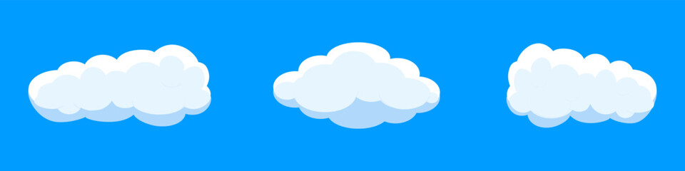 White cartoon clouds set isolated on blue background. Collection of different clouds for background template, wallpaper and fluffy sky design. Flat clouds concept. 3D clouds vector illustration
