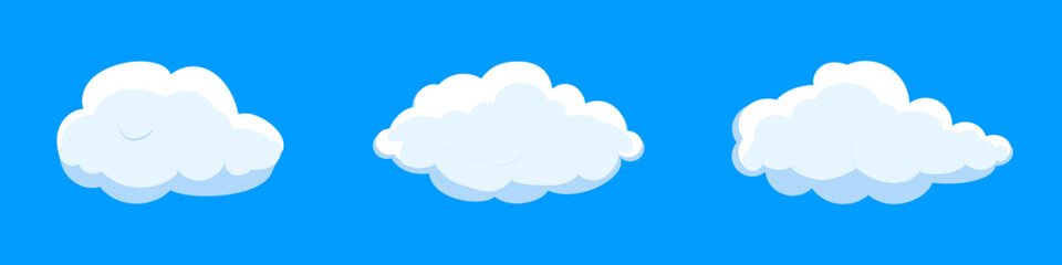 White cartoon clouds set isolated on blue background. Collection of different clouds for background template, wallpaper and fluffy sky design. Flat clouds concept. 3D clouds vector illustration