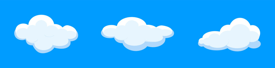 White cartoon clouds set isolated on blue background. Collection of different clouds for background template, wallpaper and fluffy sky design. Flat clouds concept. 3D clouds vector illustration