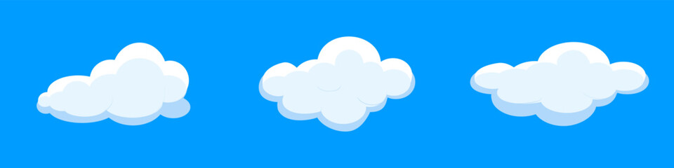 White cartoon clouds set isolated on blue background. Collection of different clouds for background template, wallpaper and fluffy sky design. Flat clouds concept. 3D clouds vector illustration