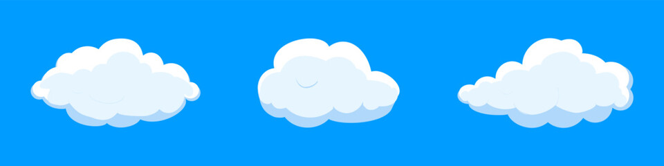 White cartoon clouds set isolated on blue background. Collection of different clouds for background template, wallpaper and fluffy sky design. Flat clouds concept. 3D clouds vector illustration
