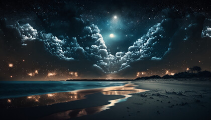 Full Moon Night Sky with Stars on the Beach - Generative Art