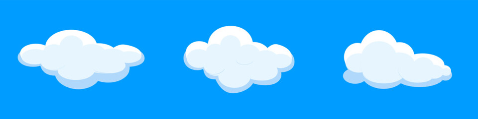 White cartoon clouds set isolated on blue background. Collection of different clouds for background template, wallpaper and fluffy sky design. Flat clouds concept. 3D clouds vector illustration