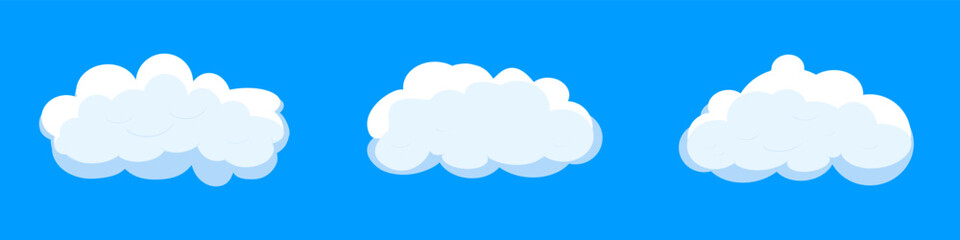 White cartoon clouds set isolated on blue background. Collection of different clouds for background template, wallpaper and fluffy sky design. Flat clouds concept. 3D clouds vector illustration