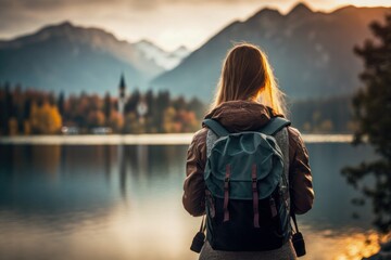 Girl tourist travels in Europe. Traveler woman wearing backpack. Viewed from the back. Summer vacation trip concept. Architectural landmark on a mountain lake blurred background. Sunset, sunrise light