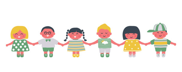 little children holding hands. Cute baby girls and baby boys. Different cartoon characters. Vector illustration