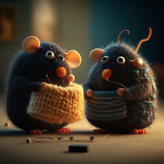 Two cute doll rats knitting scarves on a blurry background, postcard