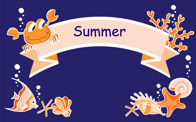 Greeting card with underwater inhabitants and ribbon template with copy space on dark blue background. Flat cartoon vector illustration for invitation card, print, poster.