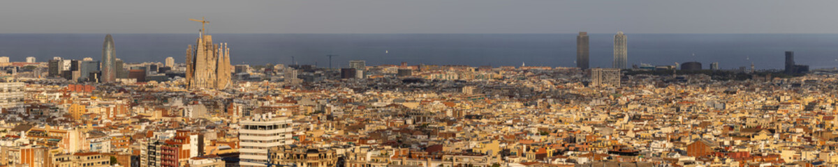 Panoramic view on Barcelona, Spain, from Parque del Turó del Putxet in golden hour