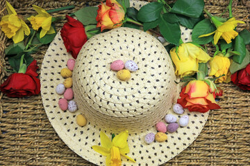 easter bonnet with easter eggs and spring flowers