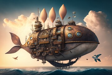 Fototapeta na wymiar Concept of a large flying machine sailing in the sea in steampunk style. Generative AI.