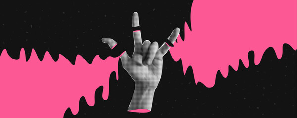 Collage banner with halftone effect hand with gesture Rock. Ripped off fingers and sweat. Textured background with abstract space and stars. Psychedelic poster. New Wave. Punk