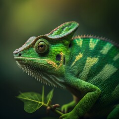 Obraz premium Green colored chameleon sitting on the branch close up on blurred background. Generative AI.