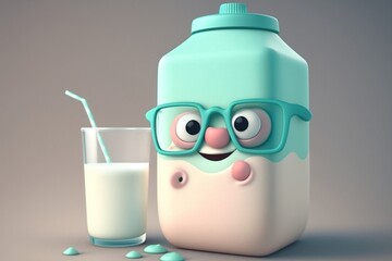 Cute funny milk cartoon character 3D in glasses. Generative AI.
