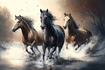 Three horses run along the river. Generative AI.