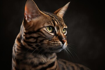 Obraz premium Hyper Realistic Bengal Cat on Clean Dark Background. Generative AI.