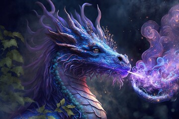 Magical fantasy purple dragon portrait. Generative AI. - 578119194