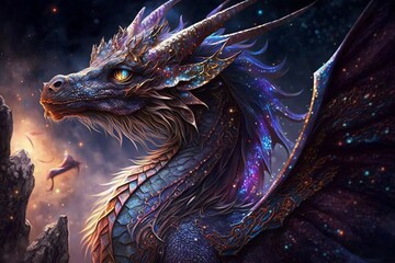 Magical fantasy purple dragon portrait. Generative AI.