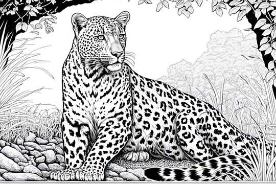 Сoloring book page of a leopard, black and white colors. Generative AI.