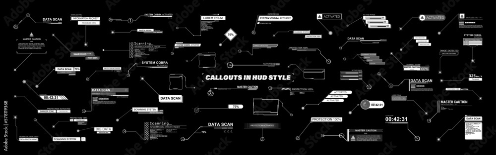 Poster Modern callouts for headers in HUD style for video, motion design, UI, UX, GUI. Digital info box mockup. Futuristic info panels, callouts labels. HUD, UI, mockup set. Vector collection info elements