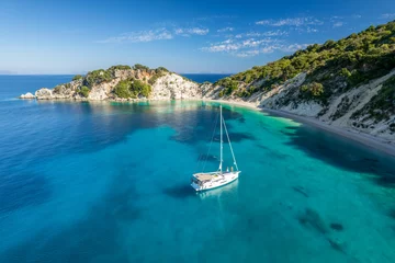 Stoff pro Meter Aerial photo of a moored yacht boat in Itaca, Greece © Mazur Travel