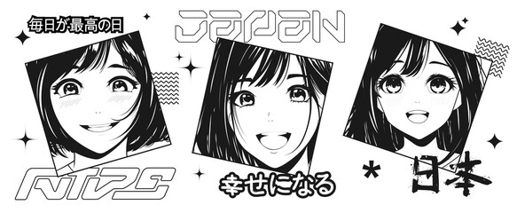 Fototapeta premium Asian girls in anime style and Y2k elements and stylish lettering. Manga graphic set. Cartoon anime girls. Vector set. Japanese lettering translation - Every day is the best day, be happy, japan