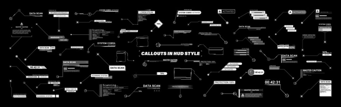 Modern callouts for headers in HUD style for video, motion design, UI, UX, GUI. Digital info box mockup. Futuristic info panels, callouts labels. HUD, UI, mockup set. Vector collection info elements