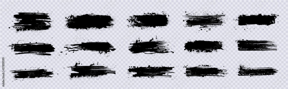 Poster Dirty brush strokes with ink splashes. Black grunge artistic box. Dried smears with splashes. Diverse paintbrush lines with ink drops. Mud grunge texture design elements. Vector smears collection