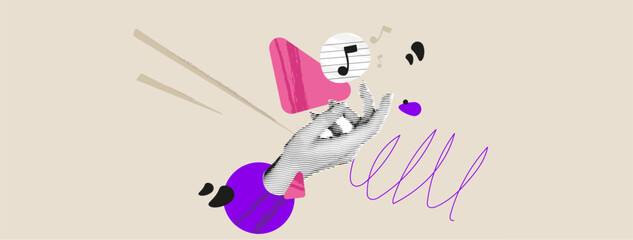 Vector collage with hand holder play music and notes paper grunge banner. Pop art composition with sound and line for quote. Halftone dj element for club party poster