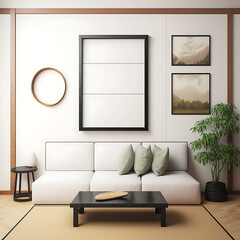 Blank frame mockup on a white wall. Japanese living room design.