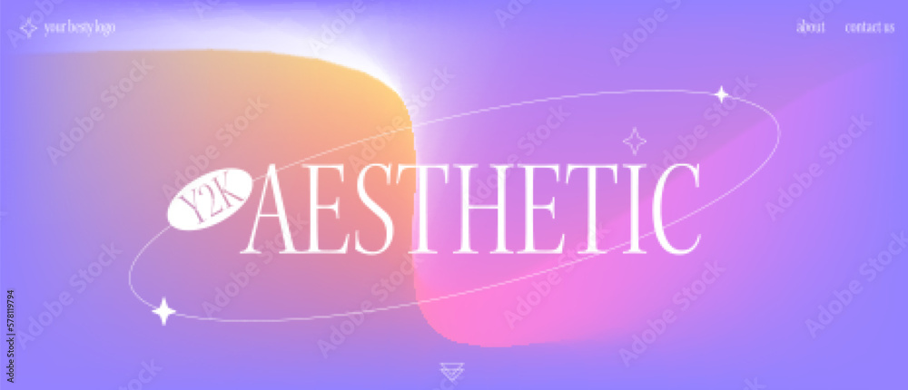Poster A trendy landing page with y2k aesthetics. Modern banner with blurred gradient, stylish brutalistic figures. Vector background with noise and 3d holographic colors.