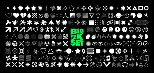 Retrofuturistic Y2K graphic icons, acid shapes, rave elements. Geometric shapes trippy vibe shapes, vaporwave 00s,90s,80s.  Lots of elements y2k for graphic design, poster, merch, flyers. Vector set - obrazy, fototapety, plakaty