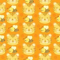 Fototapeta premium Tiger vector pattern Cute seamless background with bee.