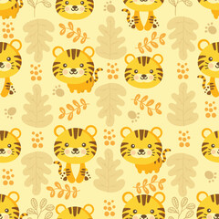 Tiger vector pattern Cute seamless background with leaves.