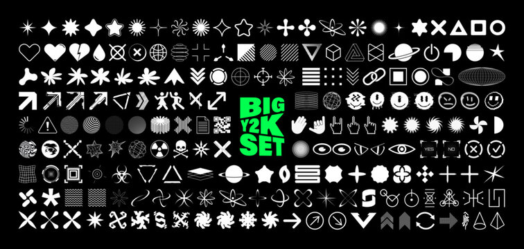 Retrofuturistic Y2K graphic icons, acid shapes, rave elements. Geometric shapes trippy vibe shapes, vaporwave 00s,90s,80s.  Lots of elements y2k for graphic design, poster, merch, flyers. Vector set